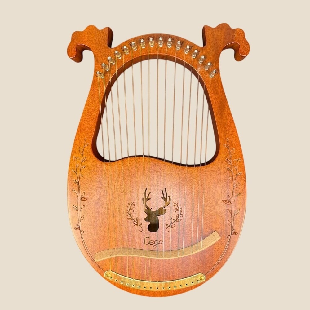 Cega 19 String Lyre Harp Mahogany Wood Deer Head Engraved Brown  Instrument